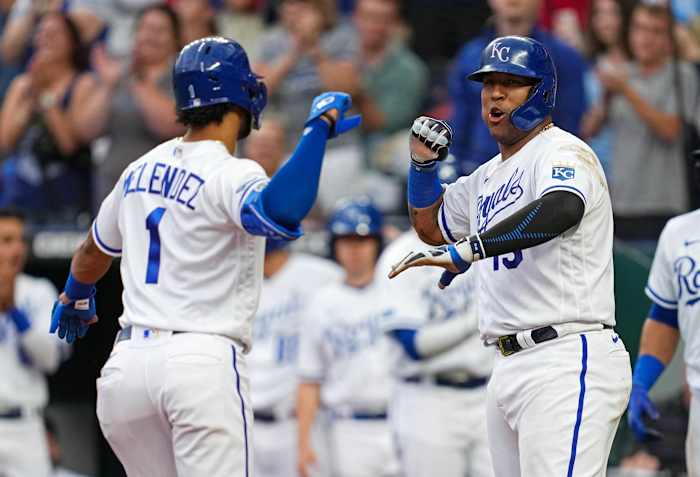 Jun 9, 2022; Kansas City, Missouri, USA; Kansas City Royals designated hitter MJ Melendez (1) celebrates with catcher Salvador Perez (13) after hitting a home against the Baltimore Orioles during the third inning at Kauffman Stadium. Mandatory Credit: Jay Biggerstaff-USA TODAY Sports